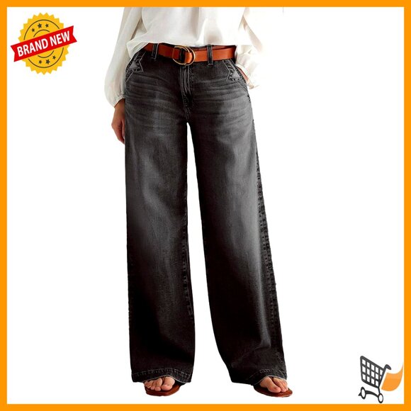 Denim - Mid Waist Wide Leg Jeans with Stitch Decor Washed Denim Pants